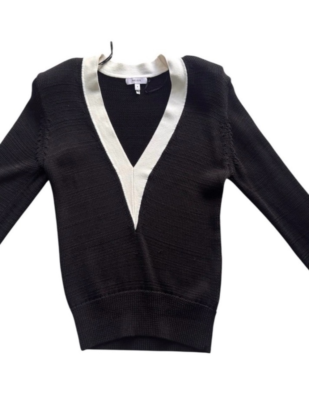Reiss Black V-Neck Sweater with White Trim